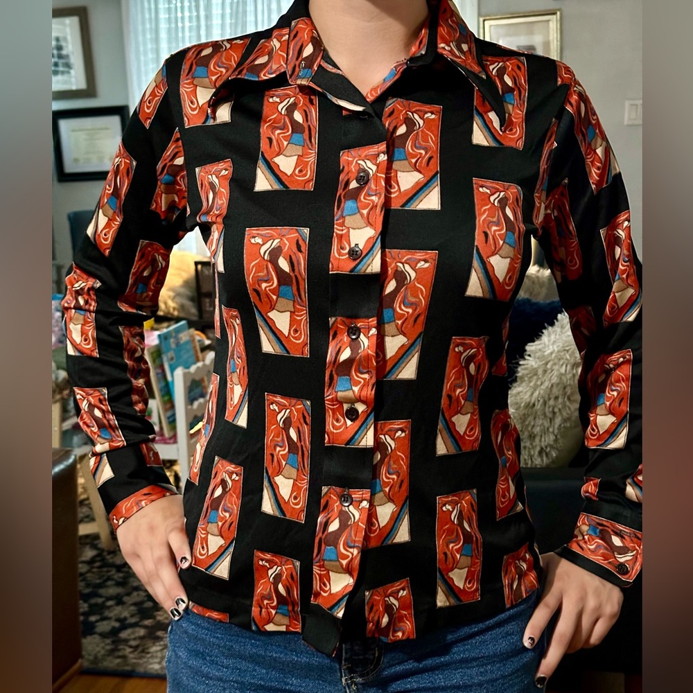 Vintage Art Deco JR Bazaar Button Down Shirt 
17 inches Pit 2 Pit with Stretch